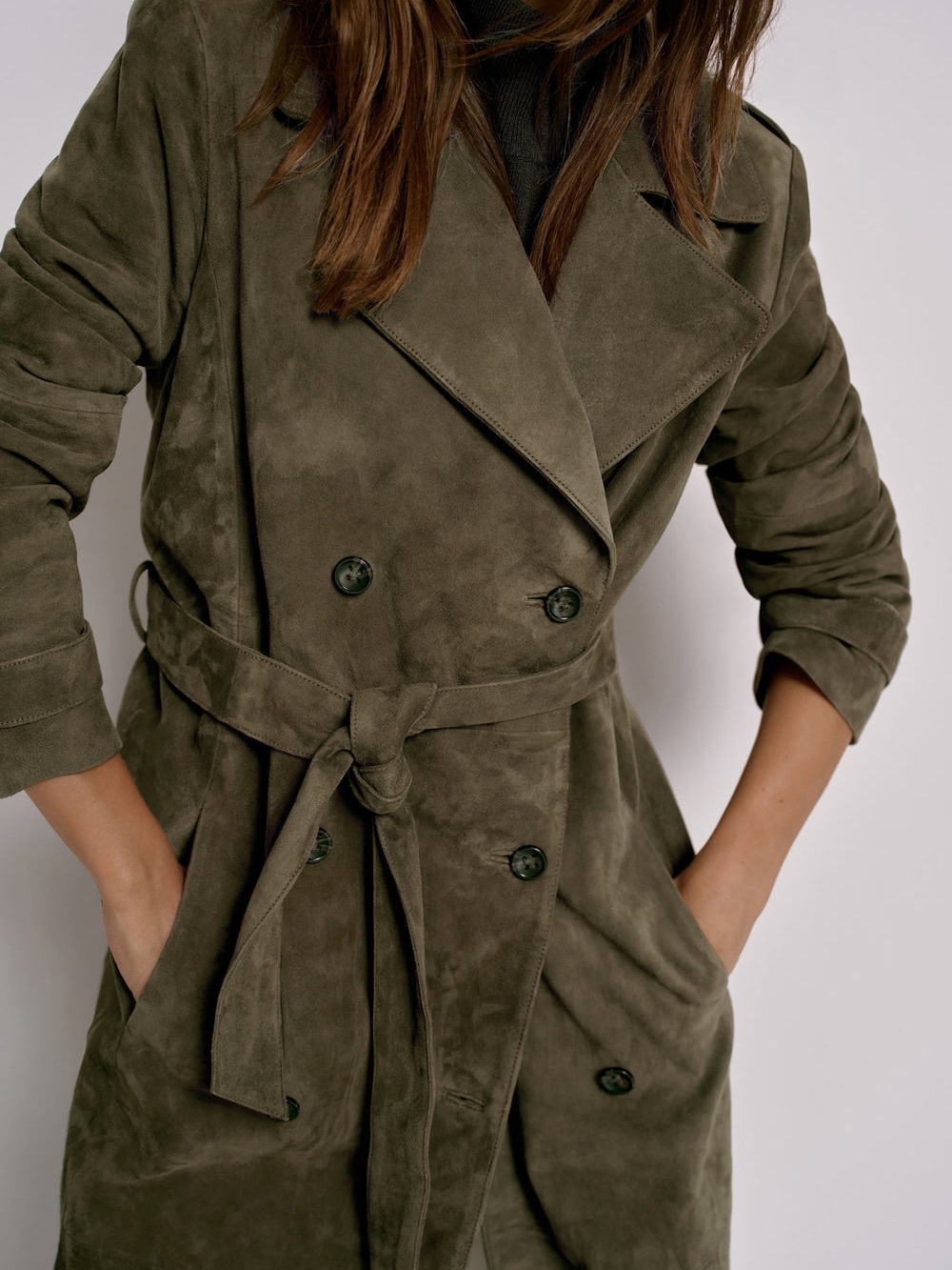 Olive velvet Trench Coat with Belt